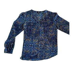 Jones New York Navy and Gold Paisley Blouse Long Sleeve M